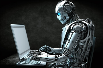 Obraz premium Generative Ai image of Artificial intelligence Chat GPT robot chatting on PC. 