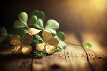 Clover Shamrocks, golden coins and bokeh. Festive image for St. Patrick's day. Generative AI.	
