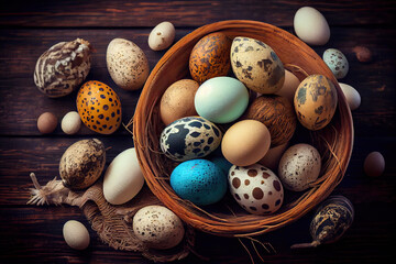 Colorfully dyed eggs in a bamboo container.