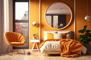 Wooden orange bedroom interior, bed linen and pillows, front view, parquet by the window overlooking the city. Mirror and chair with table. Idea for interior design. AI