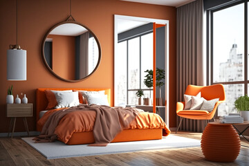 Fototapeta na wymiar Wooden orange bedroom interior, bed linen and pillows, front view, parquet by the window overlooking the city. Mirror and chair with table. Idea for interior design. AI