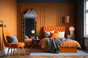 Wooden orange bedroom interior, bed linen and pillows, front view, parquet by the window overlooking the city. Mirror and chair with table. Idea for interior design. AI