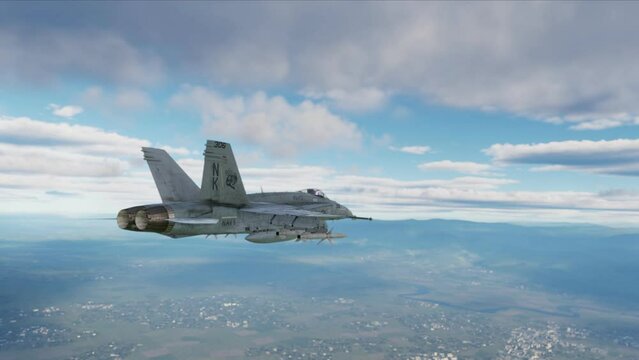 F-18 fighter jet flying above the clouds, armed with missiles. Computer animation