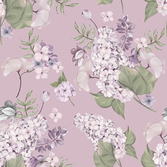 Fototapeta premium Lilac Floral Watercolor Seamless Pattern. Hand painted Design For print, fabric, fashion, Wallpaper and more. 