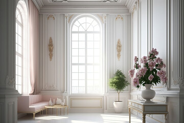 white room with pink flowers, Generative AI