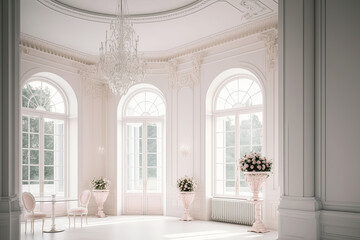 white room with pink flowers, Generative AI