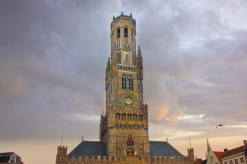 View of famous Belfort Tower from Old Town in Brugge, Belgium