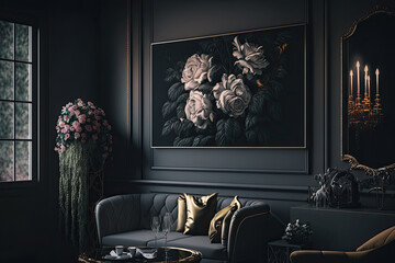 Chic living room decorated with pictures of roses, Generative AI