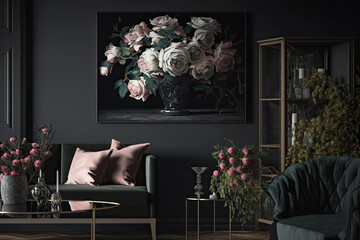 Chic living room decorated with pictures of roses, Generative AI