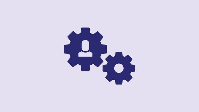 Blue Human with gear icon isolated on purple background. Artificial intelligence. Thinking brain sign. Symbol work of brain. 4K Video motion graphic animation