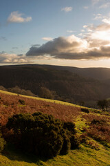 Fototapeta na wymiar View from the Horseshoe Pass, near Llangollen, in Wales with early morning sunlight