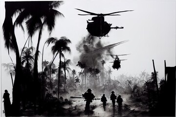 A black and white pen illustration of a battlefield scene during the Vietnam War with Helicopters in the sky. AI Generative Art.