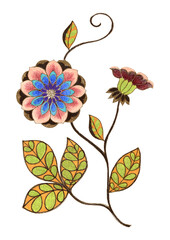 Decorative leaves and flowers on white bacground. Hand drawn illustration. 