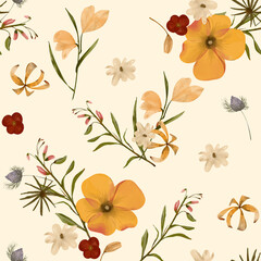 Pressed Floral Watercolor Seamless Pattern. Hand painted Design For print, fabric, fashion, Wallpaper and more. 