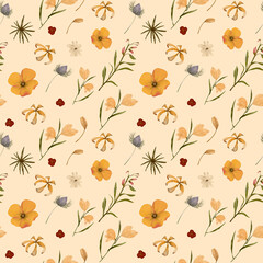 Pressed Floral Watercolor Seamless Pattern. Hand painted Design For print, fabric, fashion, Wallpaper and more. 