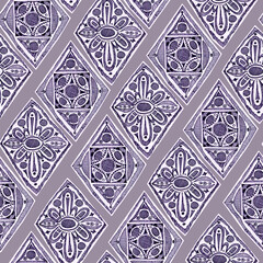  Abstract background with graphic floral elements. Seamless pattern on violet background. 