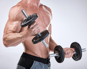 Fitness, strong or man with dumbbells in hands for exercise, training or workout for body goals....