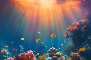 Obraz na płótnie Canvas Beautiful Underwater World With Beautiful Corals Lights Shining From Above The Water Surface, created with generative AI technology