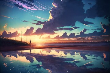 Obraz na płótnie Canvas man standing on top of a beach next to a body of water. generative ai.