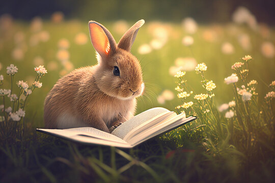 Easter bunny reading a book