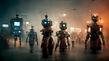 Fototapeta premium A Gang of Futuristic Artificial Intelligence Cyborg Robots Planning to Dominate the World, AI Generative