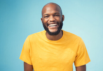 Black man, portrait or laughing on blue background, isolated mockup or wall mock up at comic, funny...