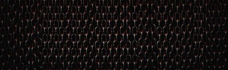 Obraz premium Rusty chains isolated on black. Panoramic background of chains on a black background. Rust Anchor Chain. Curtain of old chain-link. Background of metal chains, old used chain