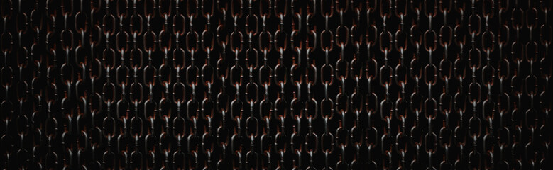 Rusty chains isolated on black. Panoramic background of chains on a black background. Rust Anchor Chain. Curtain of old chain-link. Background of metal chains, old used chain