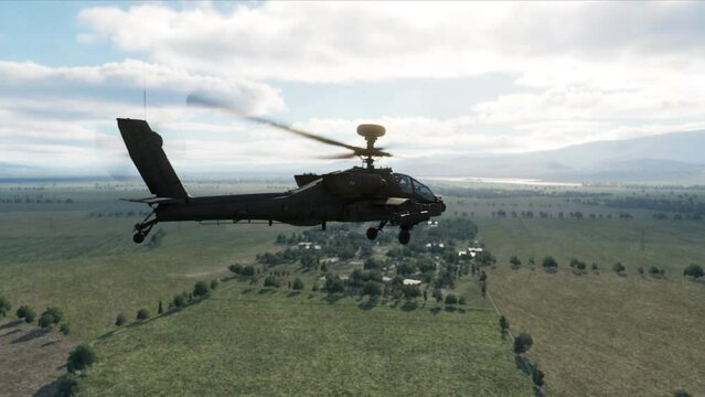 AH-64D Apache Longbow military attack helicopter flying at low altitude armed with rockets and missiles.