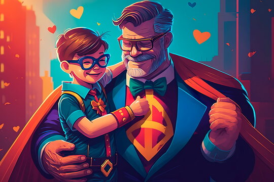 Happy Father's Day. A dad in a superhero costume is holding a hero son Generative AI