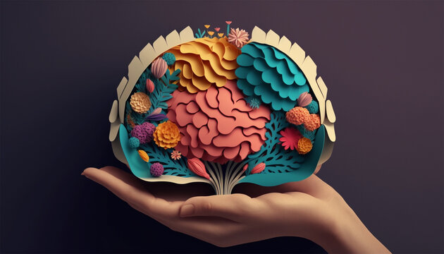 A Concept of Self Care, Positive Thinking, and Creative Mind with Hands Holding a Paper Head of a Brain with Flowers, Made with Generative AI