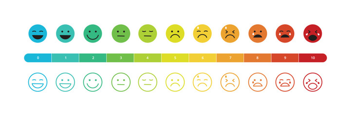 Pain rating scale chart. Flat and line horizontal pain measurement scale. Colorful emotions from happy to crying icon. Vector illustration