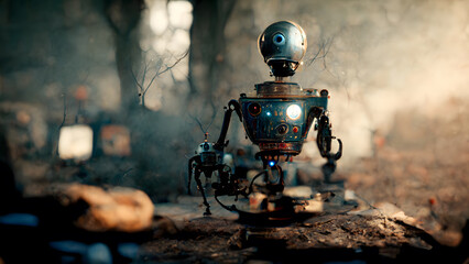 A Creepy Futuristic Artificial Intelligence Robot in the Woods , AI Generative