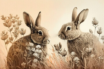 Obraz premium Pair of Rabbits in a field, Sepia Colored Illustration