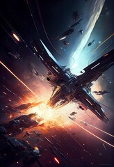 Sci Fi spaceship exploding in outer space during a space battle. AI Generative Art.