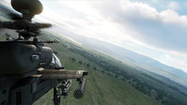AH-64D Apache Longbow military attack helicopter flying at low altitude armed with rockets and missiles.