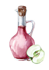 Jar of Apple Cider Vinegar. Watercolor hand drawn illustration isolated on white background.