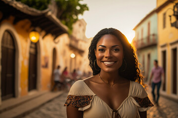 A fictional person, female traveler, 20 years old,  smiling, woman, dark skinned, portrait in touristic city, tourist, generative art, generative ai - obrazy, fototapety, plakaty