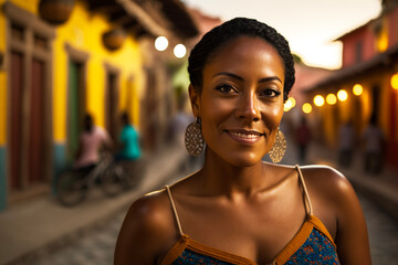 A fictional person, woman, female traveler, latin, dark skinned, 40 years old, smiling portrait in touristic city, tourist, generative art, generative ai