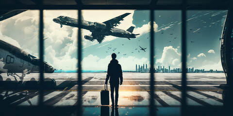 Fototapeta premium At airports, travelers have to navigate through long lines and security checks with their luggage in tow. However, with careful planning and preparation, the journey can be made smoother generative ai