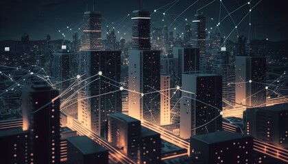 Wireless network and Connection technology concept with city background at night