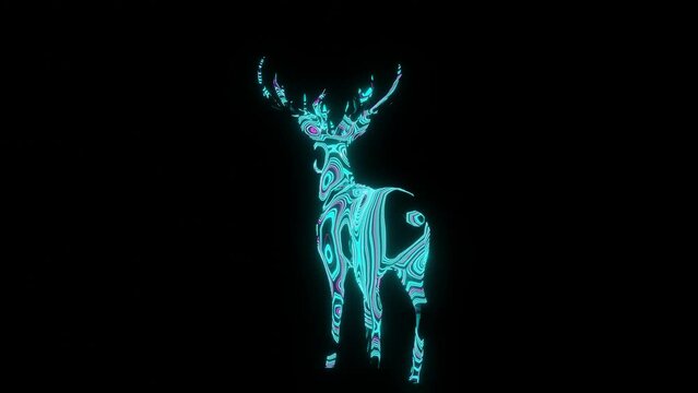 4K video rotating animation of beautiful texture or pattern formation on the deer body shape, isolated on black background. 3d rendering abstract seamless loop neon lighting effect on deer.	