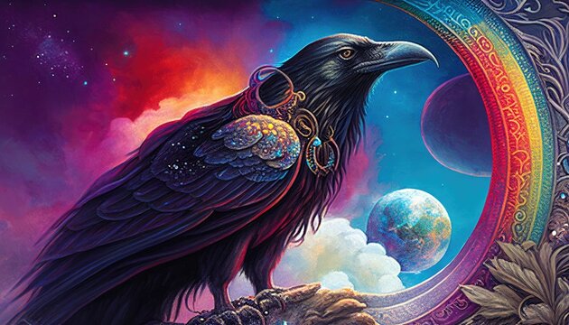 Celestial raven vision, protector, spirit, tribal style, psychedelic imaginary creature, AI Generative banner