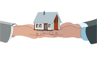 Fototapeta na wymiar Property insurance template for landing page. Male hands are covering house. Property insurance concept, real estate protection, home safety security vector illustration.