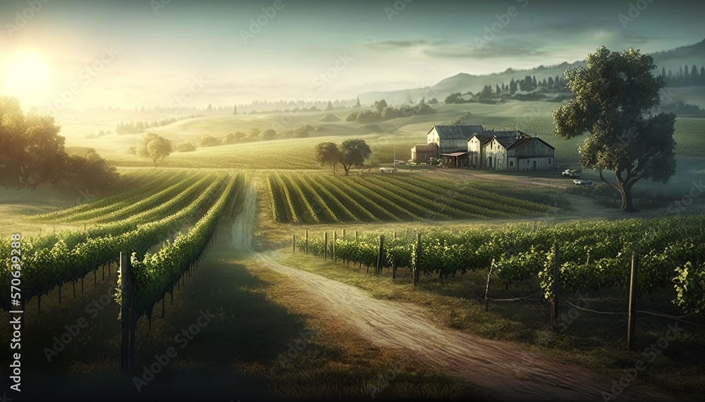 Wall mural Winery with beautiful scenery of the field and rustic building in the background