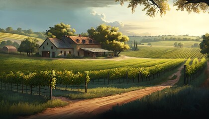 Winery with beautiful scenery of the field and a farm house in the background 