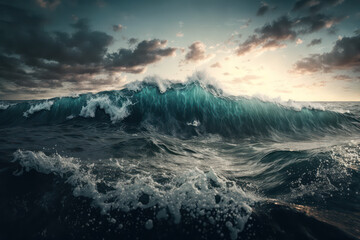 Fototapeta na wymiar Sea at storm, llustration, stormy wave on open ocean, generative ai