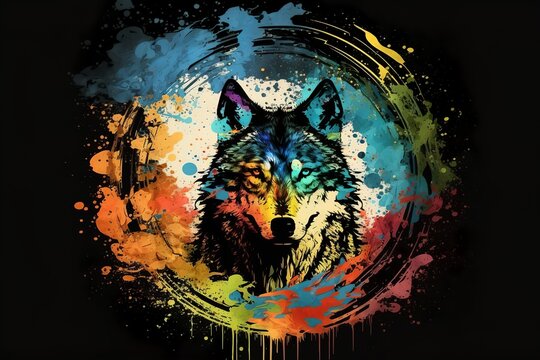 Portrait of a wolf in a colorful splash paint circle