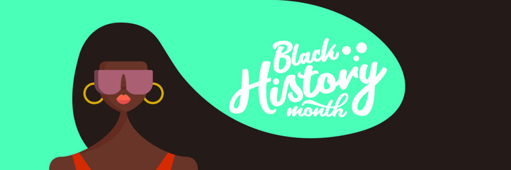 Black history month horizontal banner with afro American woman with long hair isolated on green background. Vector Black history month poster, flyer, background with pretty african young model