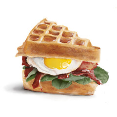 hand painting of sandwich waffle with fried egg and bacon